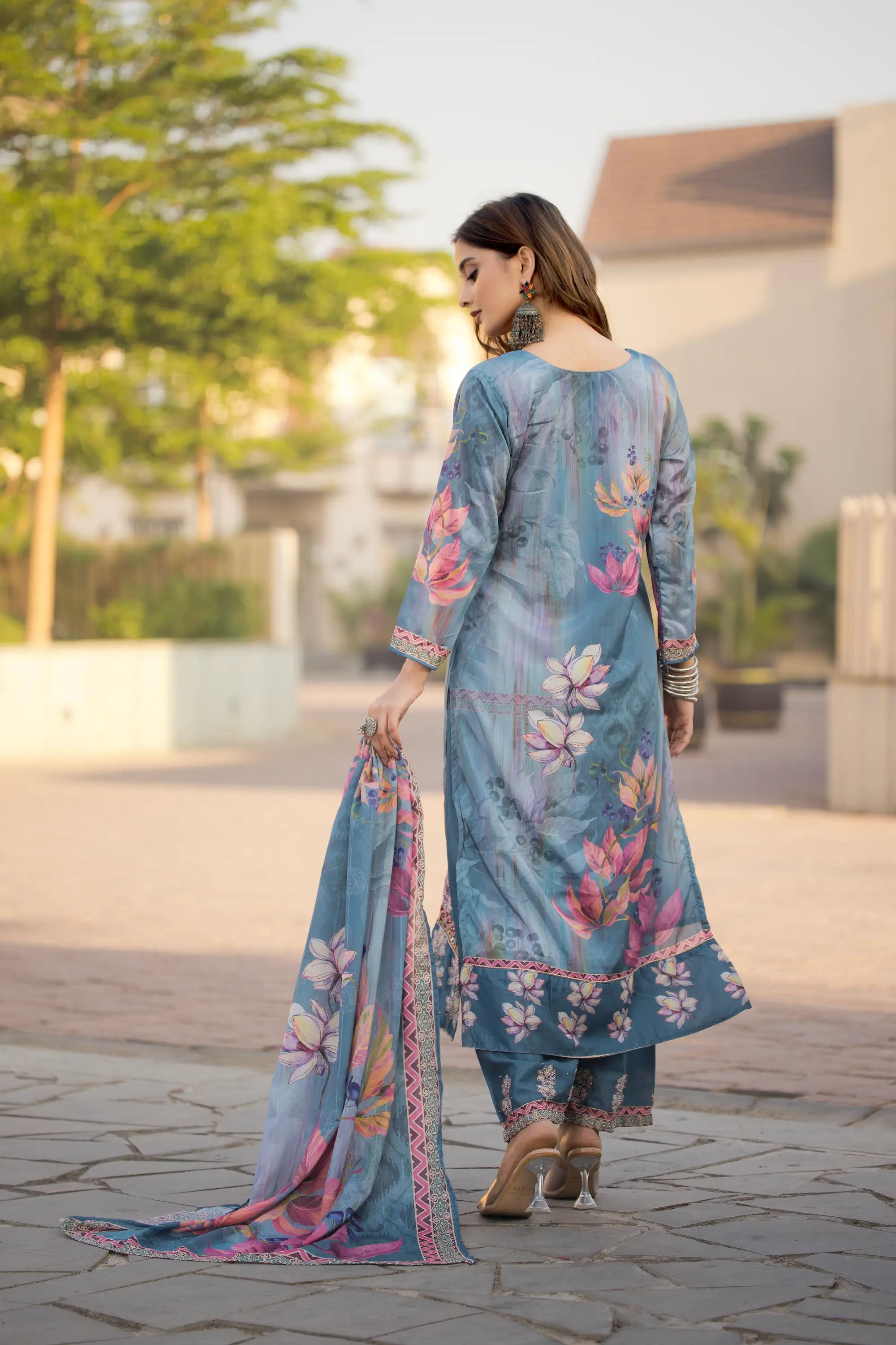 Sky Blue Chinon Handwork & Printed Salwar Suit - qivii