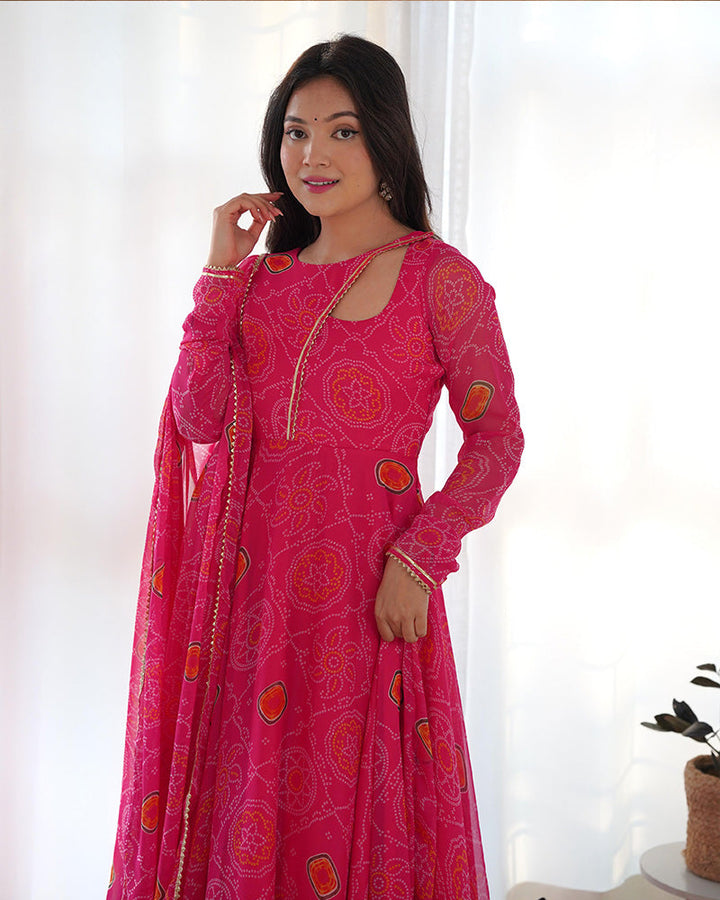 Pink Color Bandhej  Print Soft Chiffon Stylish Neck Three Piece Anarkali Gown  - By Qivii