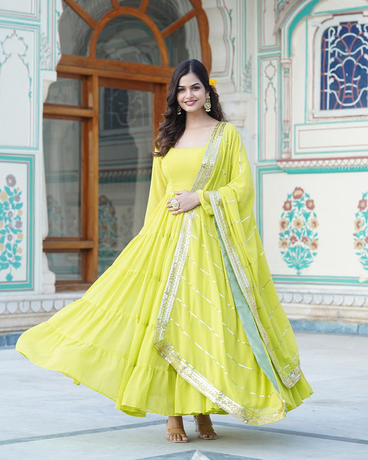 Parrot Color Five layer Georgette Anarkali Gown With Dupatta  - By Qivii