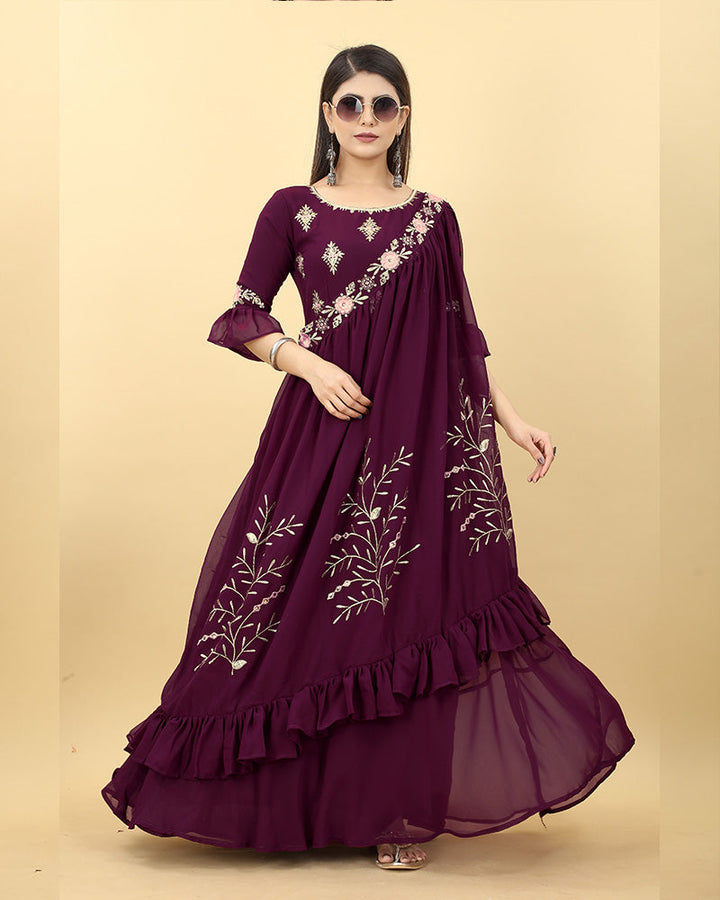 Wine Color Georgette Embroidered Anarkali Gown  - By Qivii