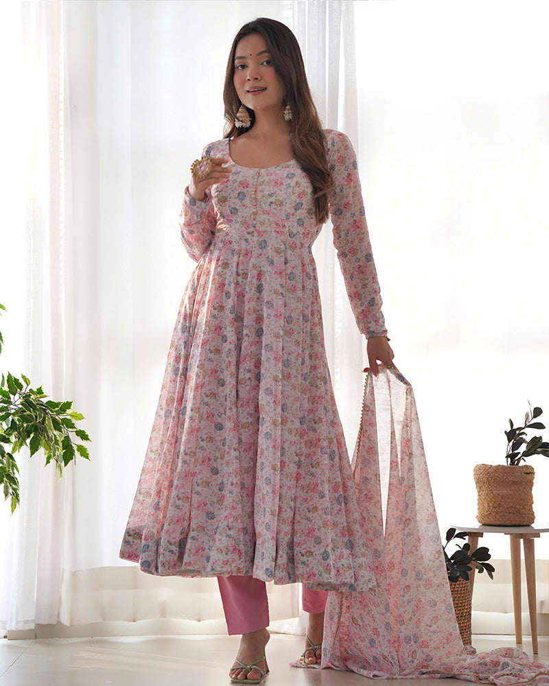 Baby Pink Color Heavy Chiffon Floral Print With Full Flair Three Piece Anarkali Suit  - By Qivii