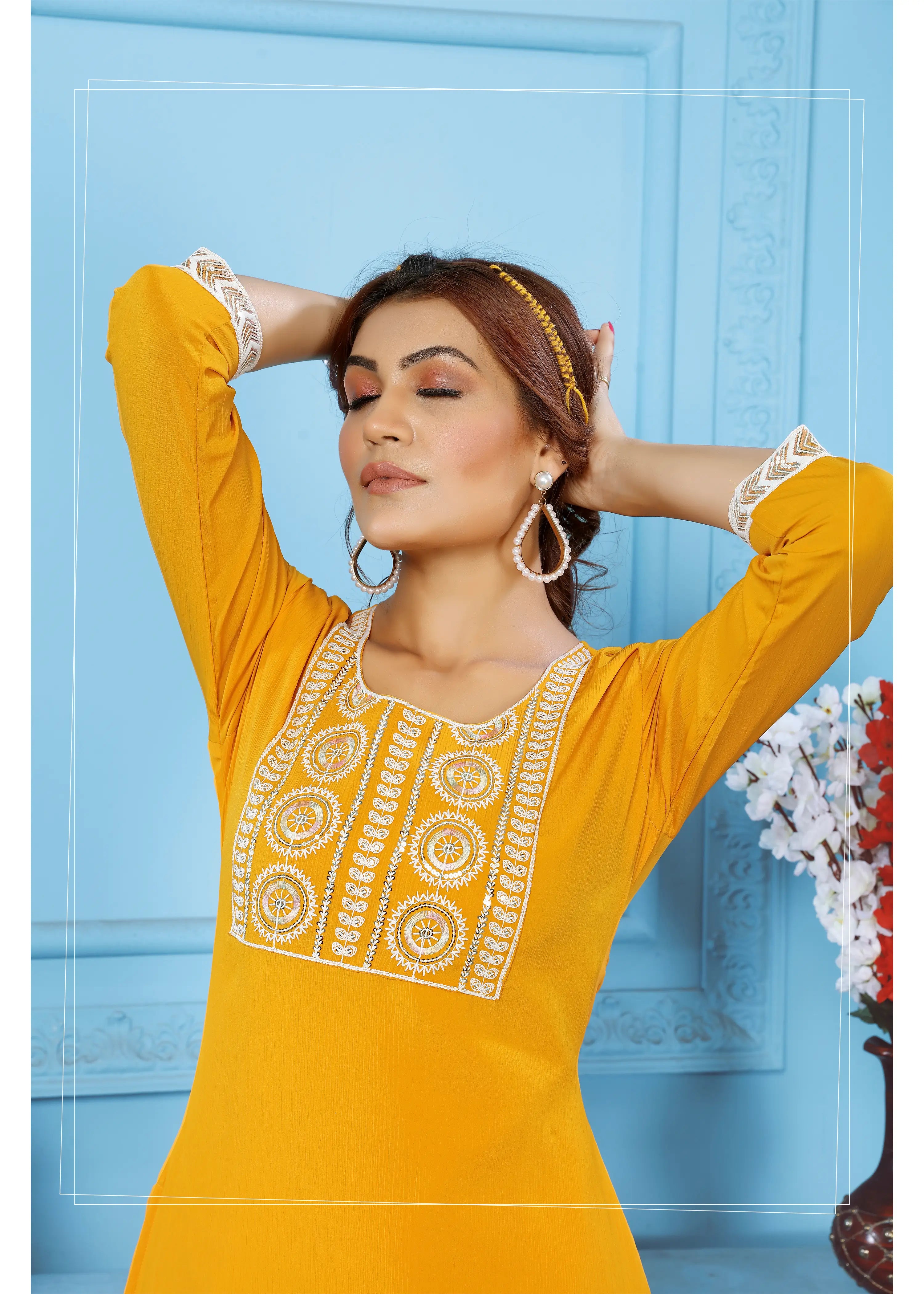 Yellow Kurta Set With Embroidery Work - qivii