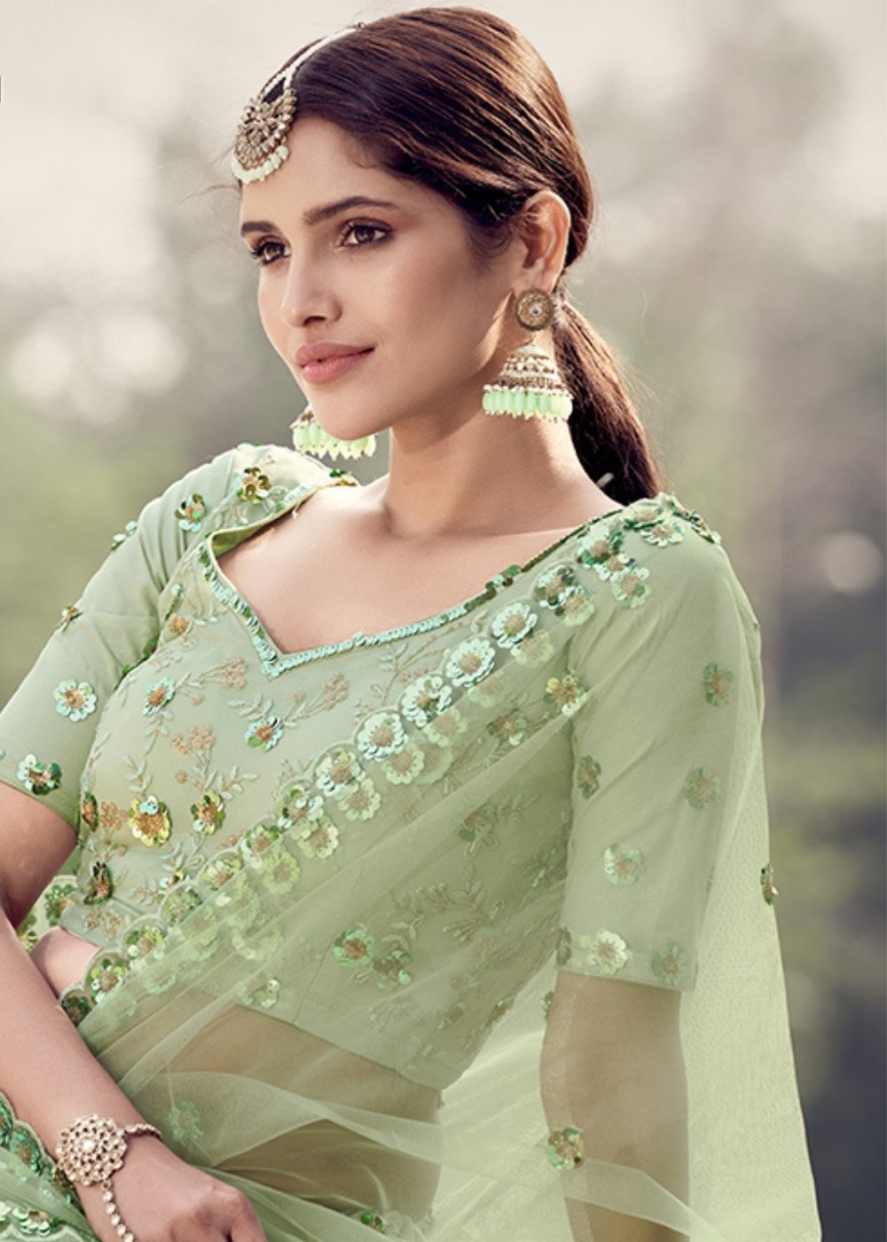 Mint Green Designer Soft Net Lehenga Choli with Sequins & Thread work | Ready To Wear - qivii
