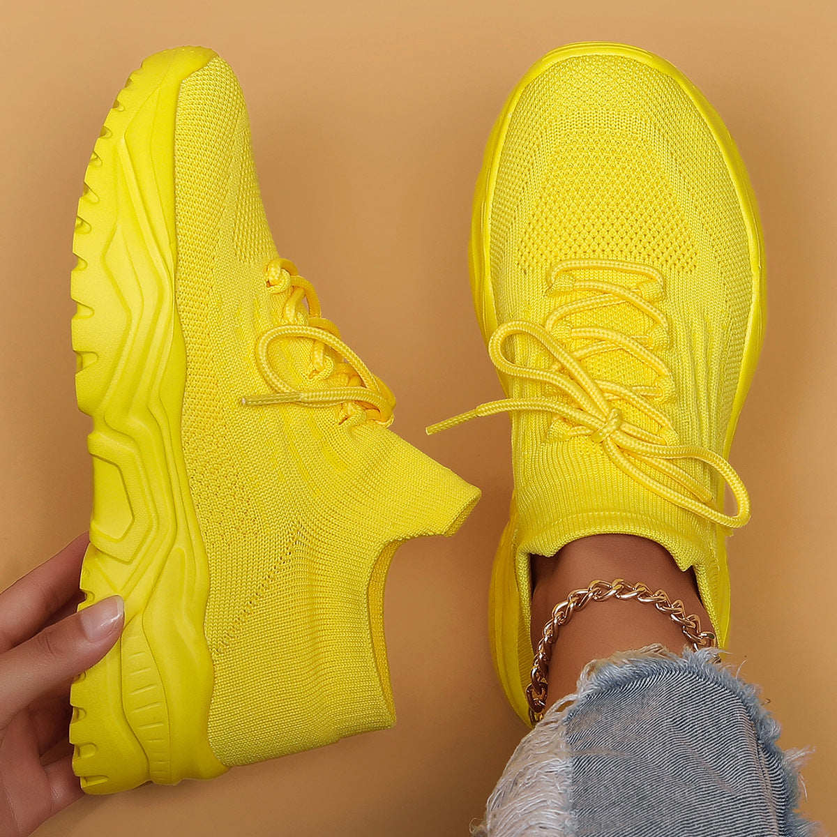 Women's Nyvelle Knit Sock Sneakers - Breathable Lace-Up Mesh Shoes with Chunky Ridged Sole (US 4-11)