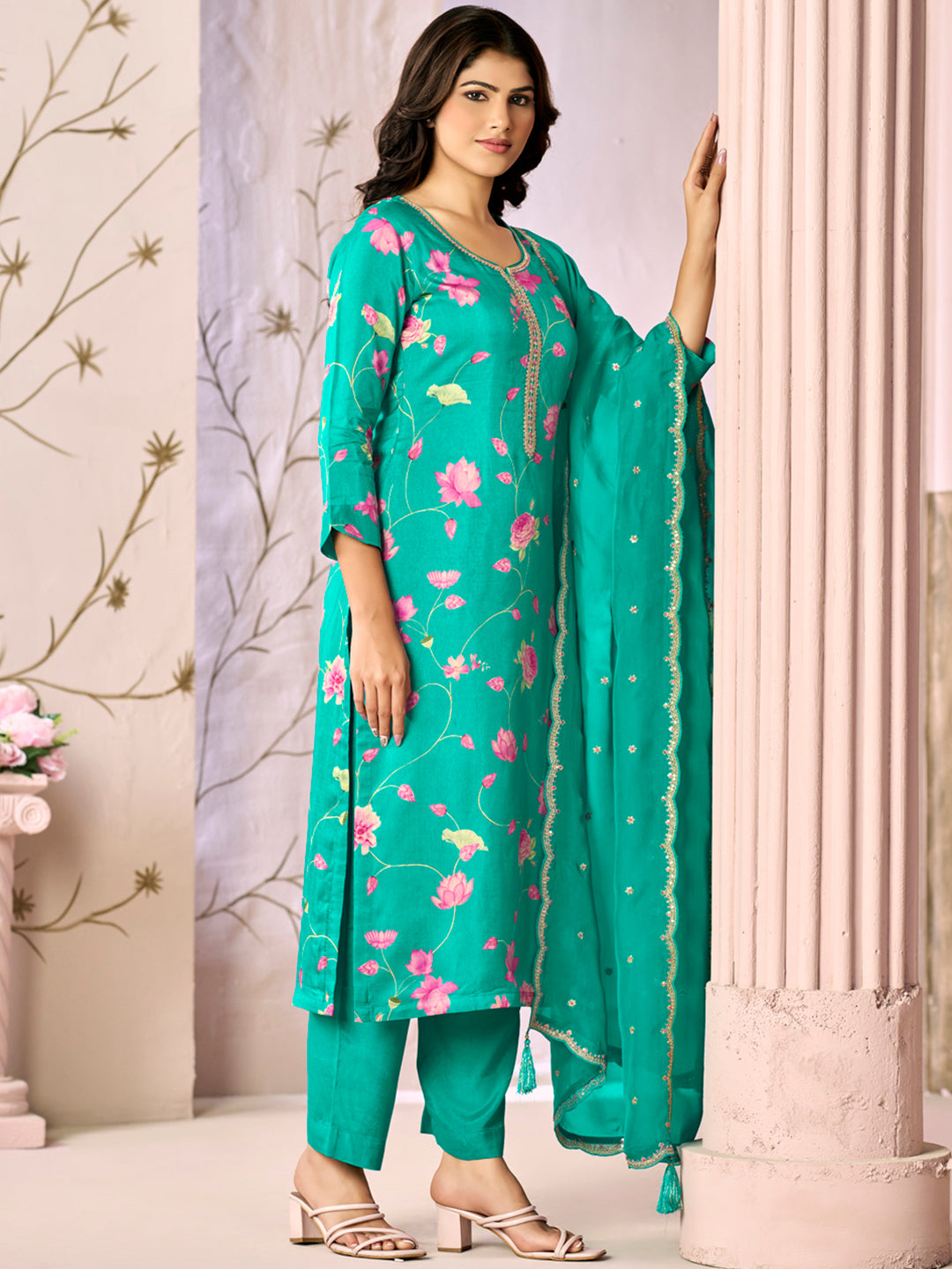 Green Printed Flower With Handwork Straight Kurta With Dyed Trousers And Embroidered Dupatta