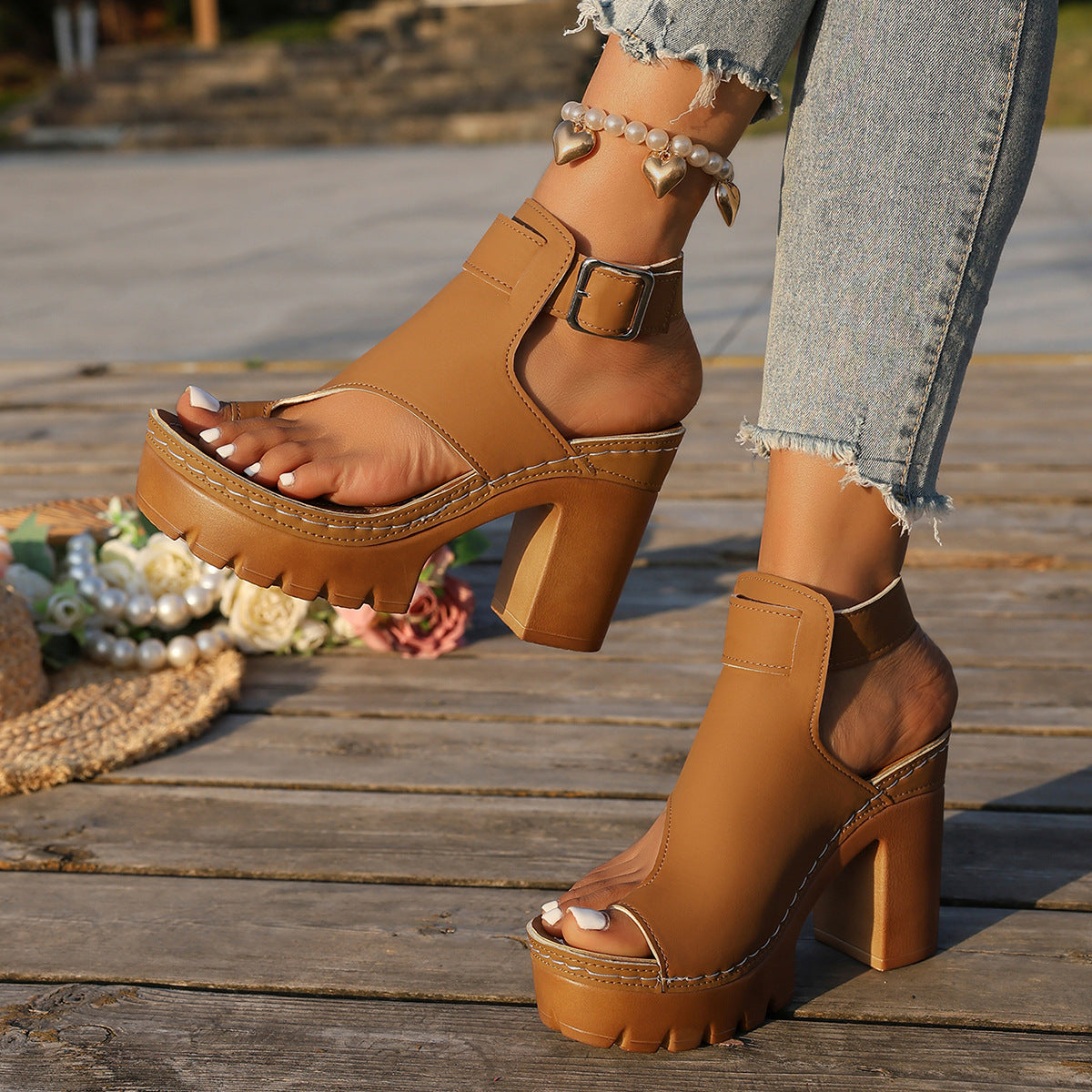 Women's Capri Peep-Toe Toe Ring Platform Chunky Sandals – Buckle Strap Ultra-High Heel Beach Slides (US 5–10.5)