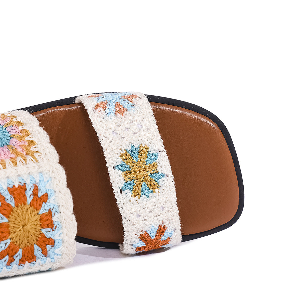 Women’s SunBloom Knit Flat Slides – Square-Toe Boho Embroidered Sandals (US 5–10)
