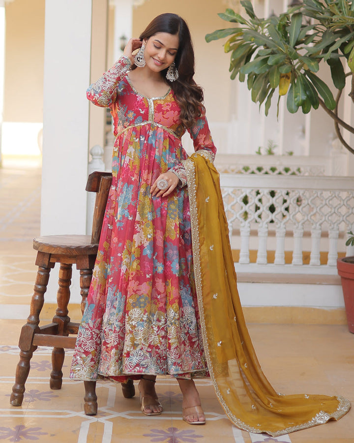 A stunning red Alia cut gown with floral embroidery and matching dupatta by Qivii, perfect for a wedding or special occasion