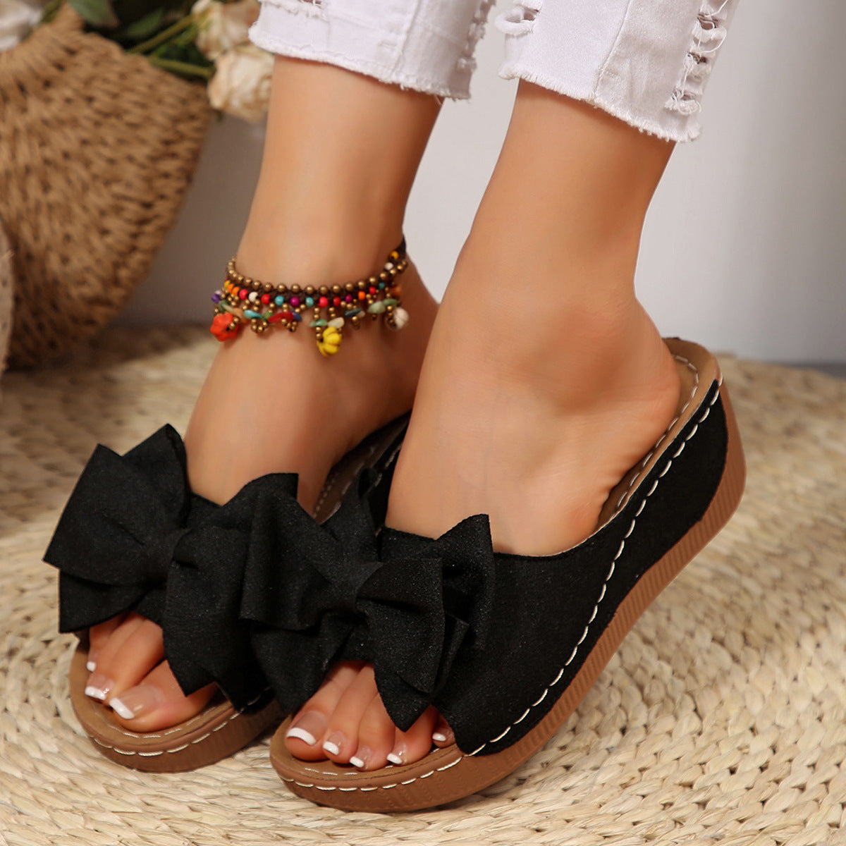 Women’s Liora Bow Flower Platform Wedge Slide Sandals – Peep-Toe Wide Strap Summer Slides (US 5–10.5)