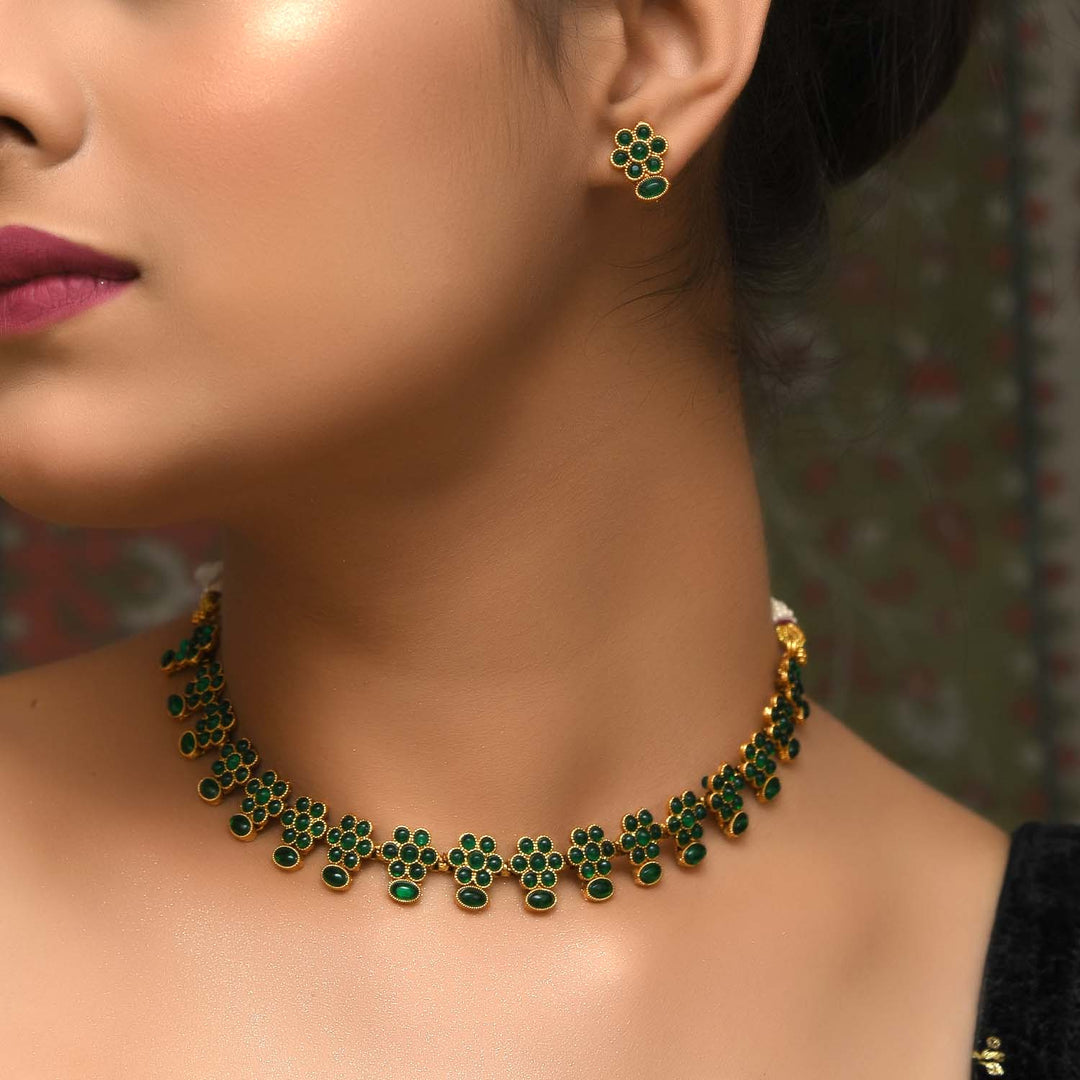 Sai Antique Gold Plated With Green Stones Necklace Set