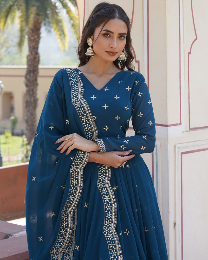 Rama Color Full Flair Anarkali Gown With Embroidered Dupatta  - By Qivii