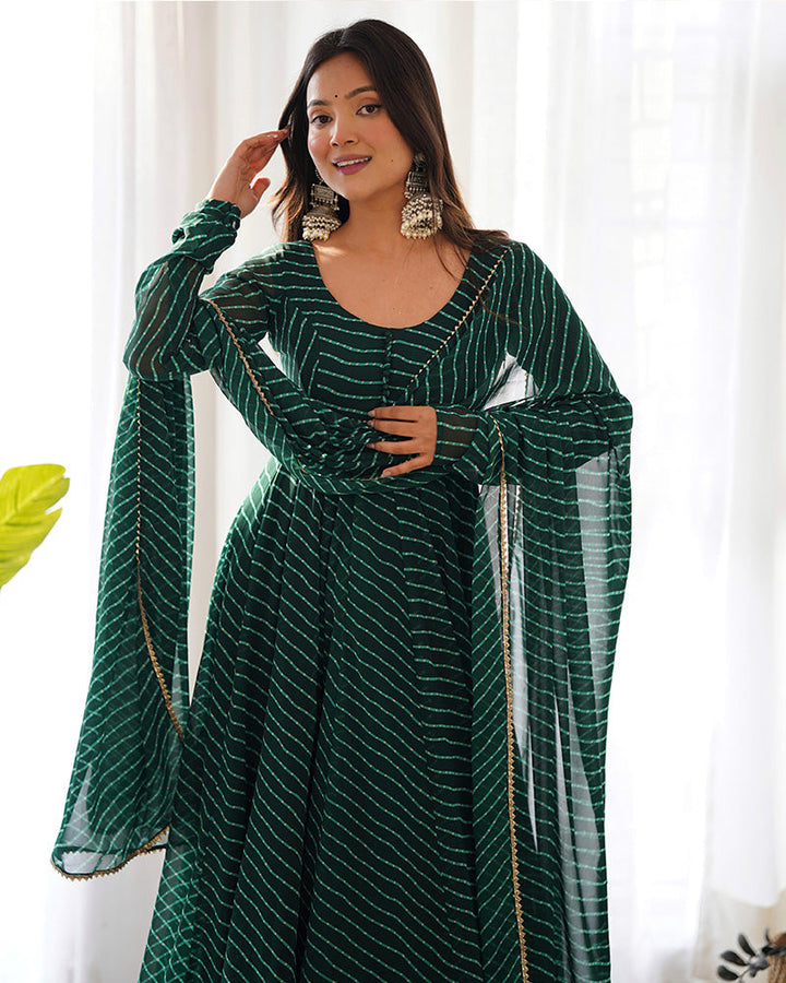  Stunning and sophisticated Green Color Laheriya Print Georgette Three Piece Anarkali Suit by Qivii