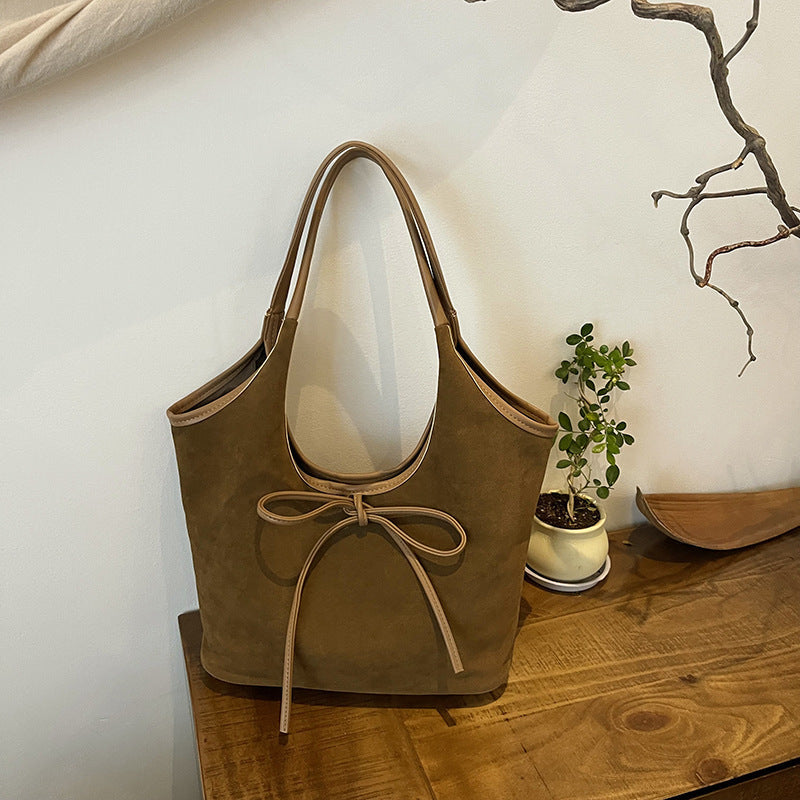 Women's Vintage Matte Tote Bag – Oversized Bow-Accent Shoulder Bag with Crossbody Strap