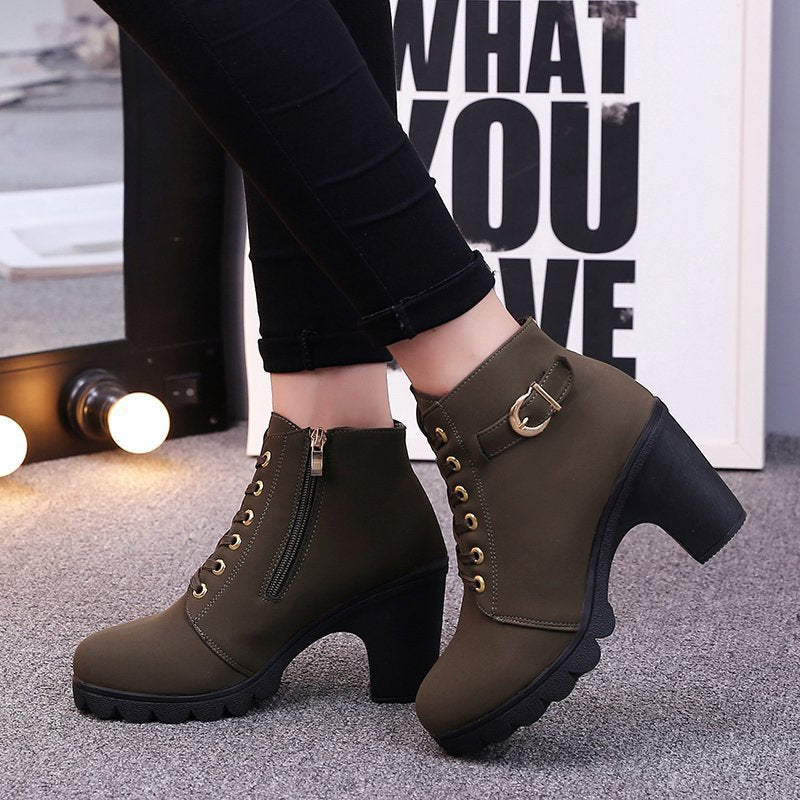Women's Buckle Decorated Chunky Heel Ankle Boots - Side Zipper & Lace-Up Round Toe Mid-Calf Equestrian Boots (US 4-10)