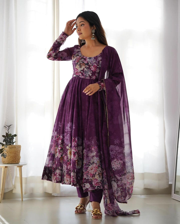  Beautiful wine color Anarkali suit with floral print by Qivii 