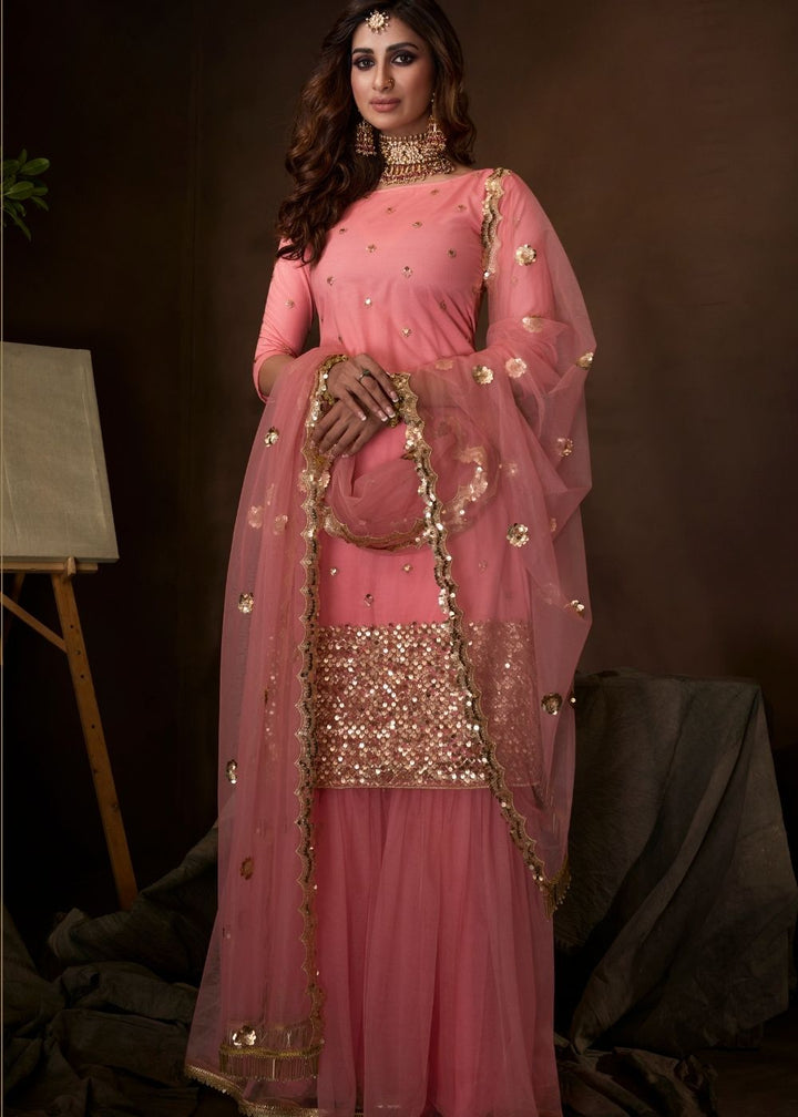 Coral Pink Designer Soft Net Sharara Suit with Sequin, Thread and Dori work By Qivii