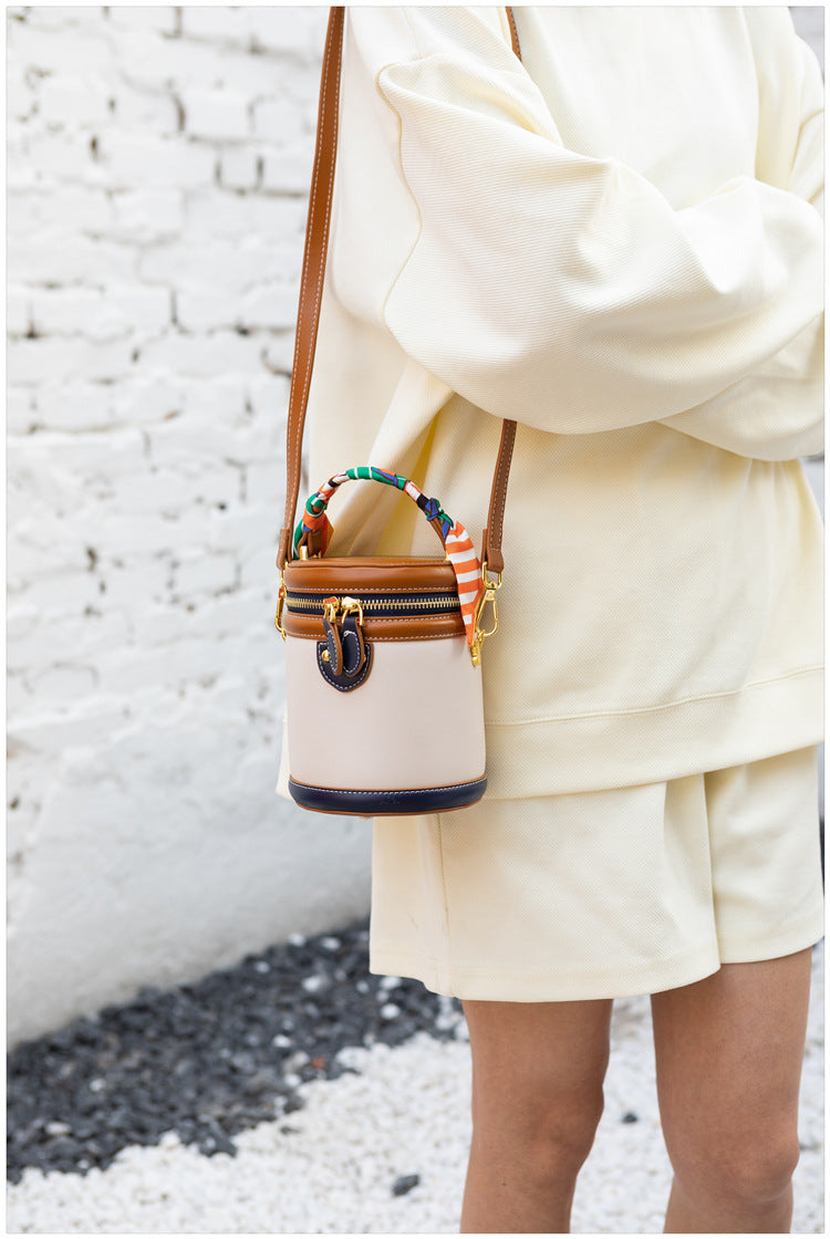Women's Retro Color-Block Barrel Bag – Mini Cylinder Cosmetic Case with Detachable Silk Scarf & Chain Strap