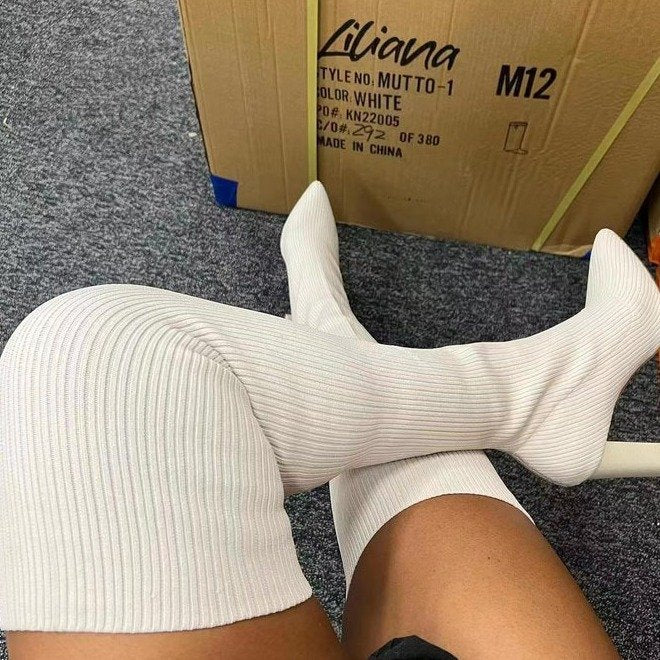 Women’s KnitFlex Over-The-Knee Boots – Pointed Toe Chunky Heel Stretch Sock Boots (US 5–10.5)