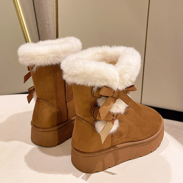 Women's Bow-Knit Cozy Winter Boots - Shearling Lined Chunky Platform Snow Boots (US 5-9.5)
