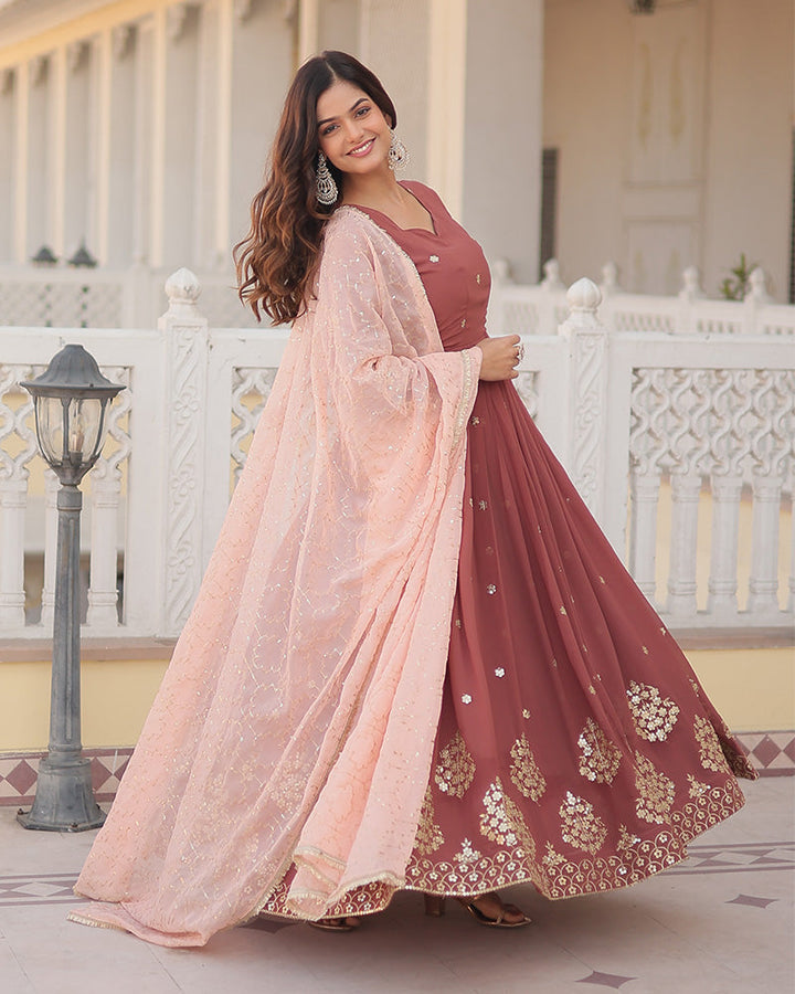 Chocolate Color Full Floor Length Anarkali Gown With Sequence Embroidery Dupatta  - By Qivii