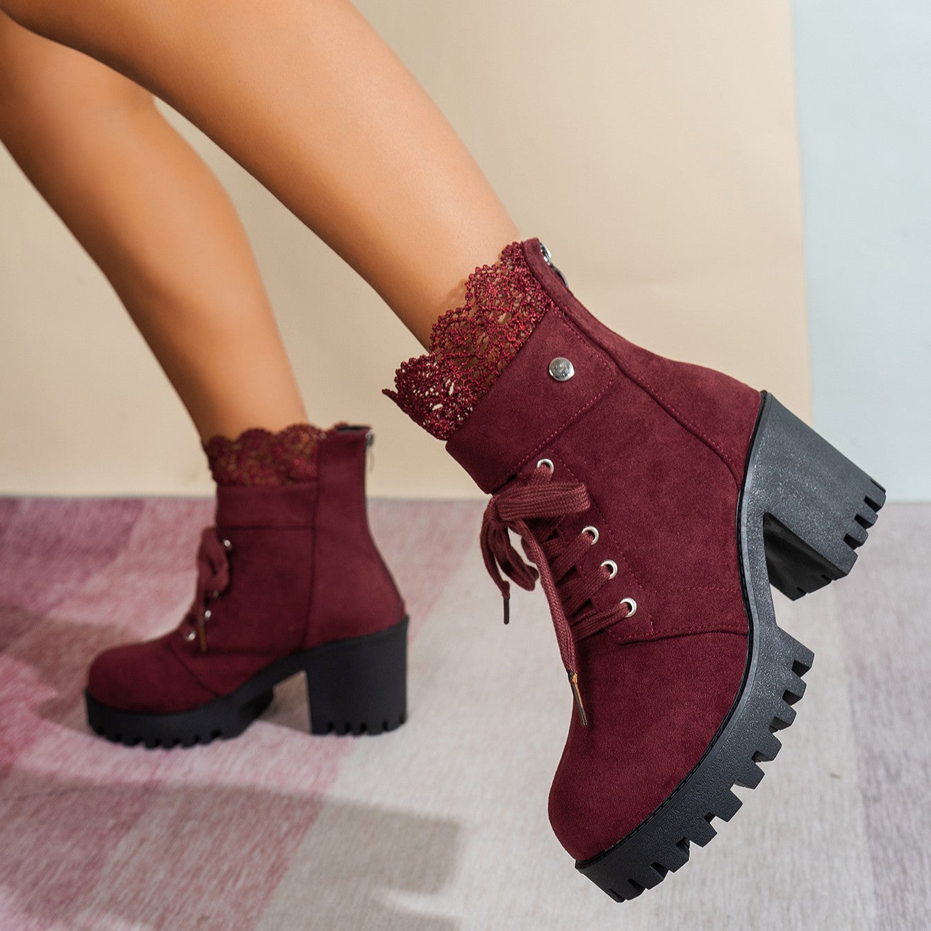 Women's Lace & Suede Heeled Boots - Chunky Heel Round Toe Vintage Ankle Boots (US 5-10.5)