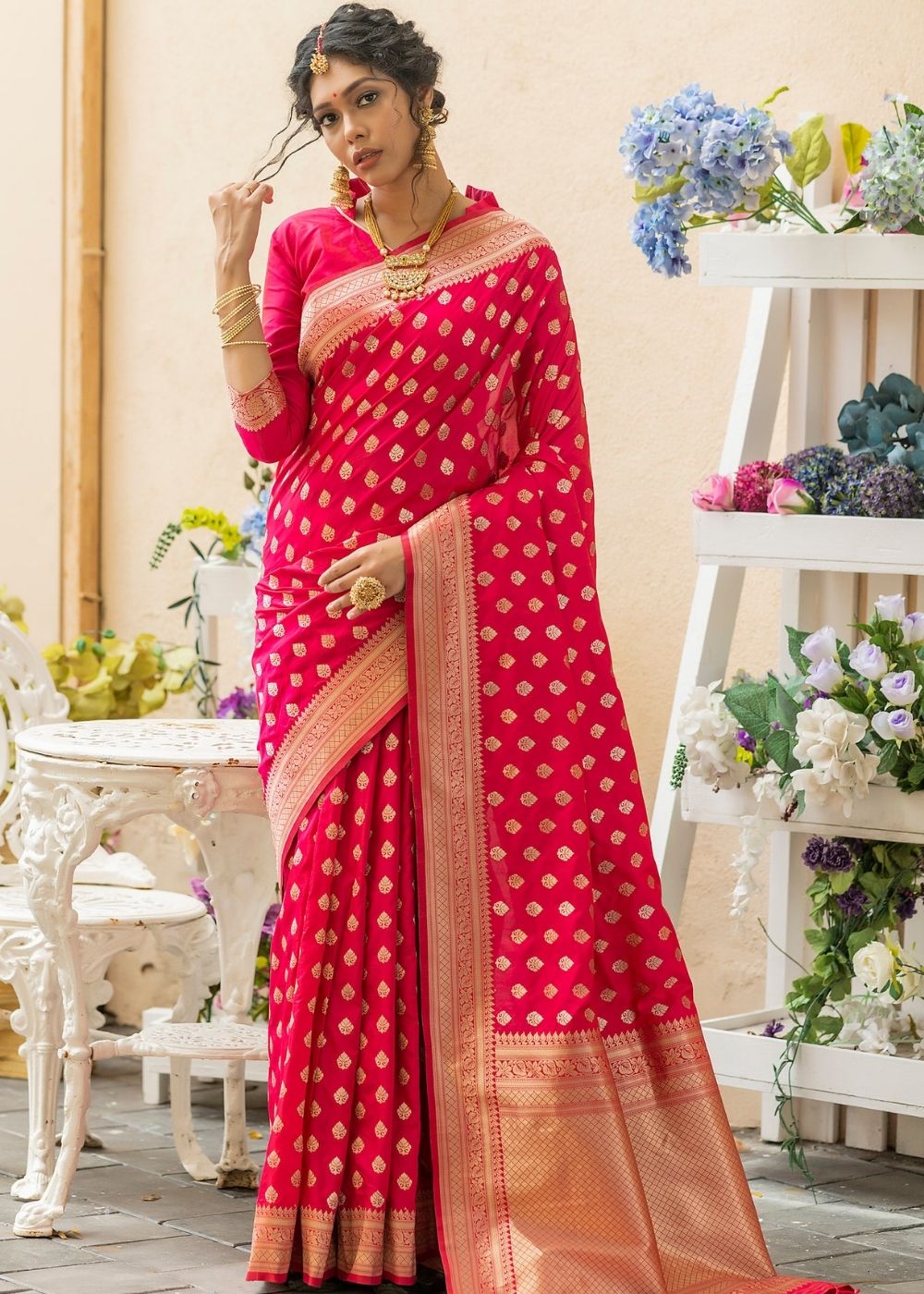Ruby Pink Soft Banarasi Silk Saree with overall Butti - qivii