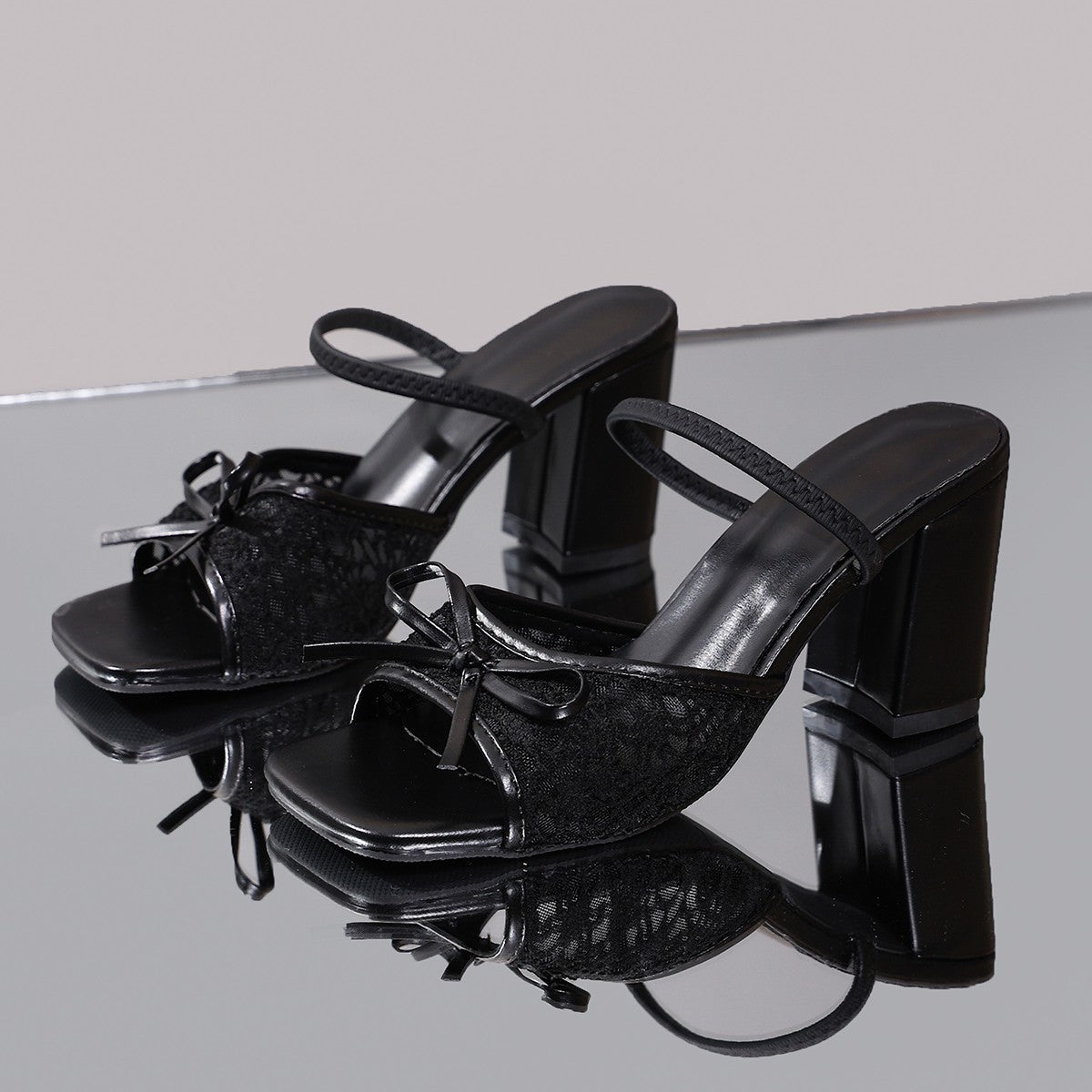 Women’s Elarise Lace Bow Block Heel Square Toe Sandals – Chunky Heel Dress Slides (US 4–10.5)
