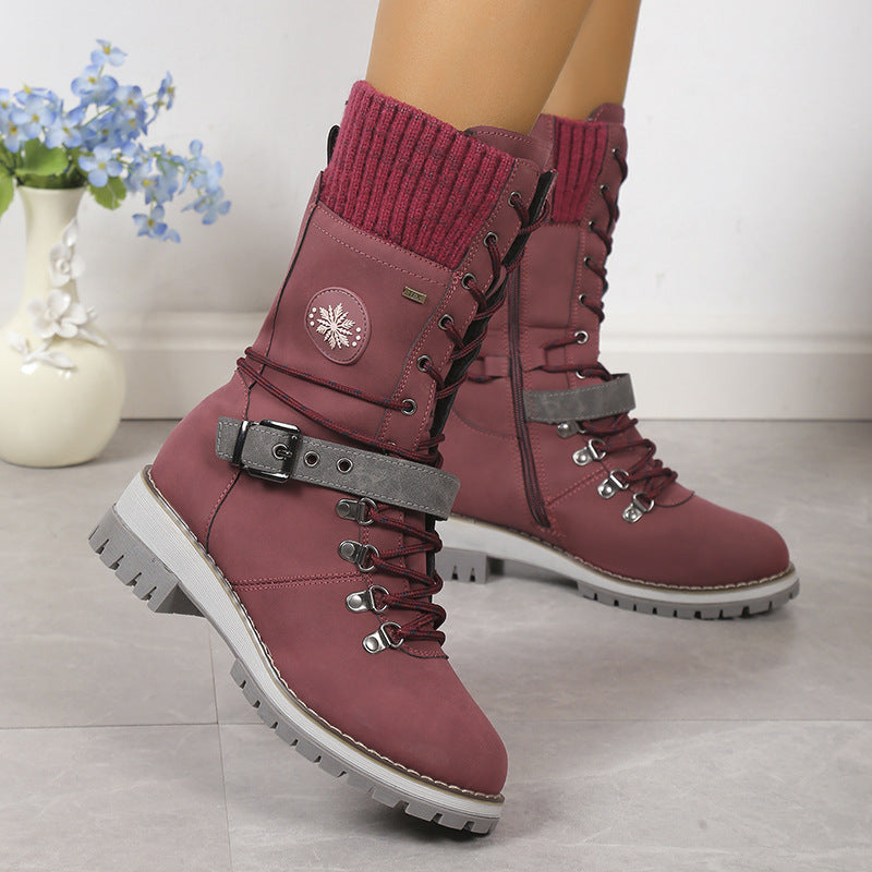Women's Nordic Knit Combat Boot - High-Shaft Thermal Cotton Lined Snow Boots with Block Heel & Leather Accents Design (US 5-10.5)