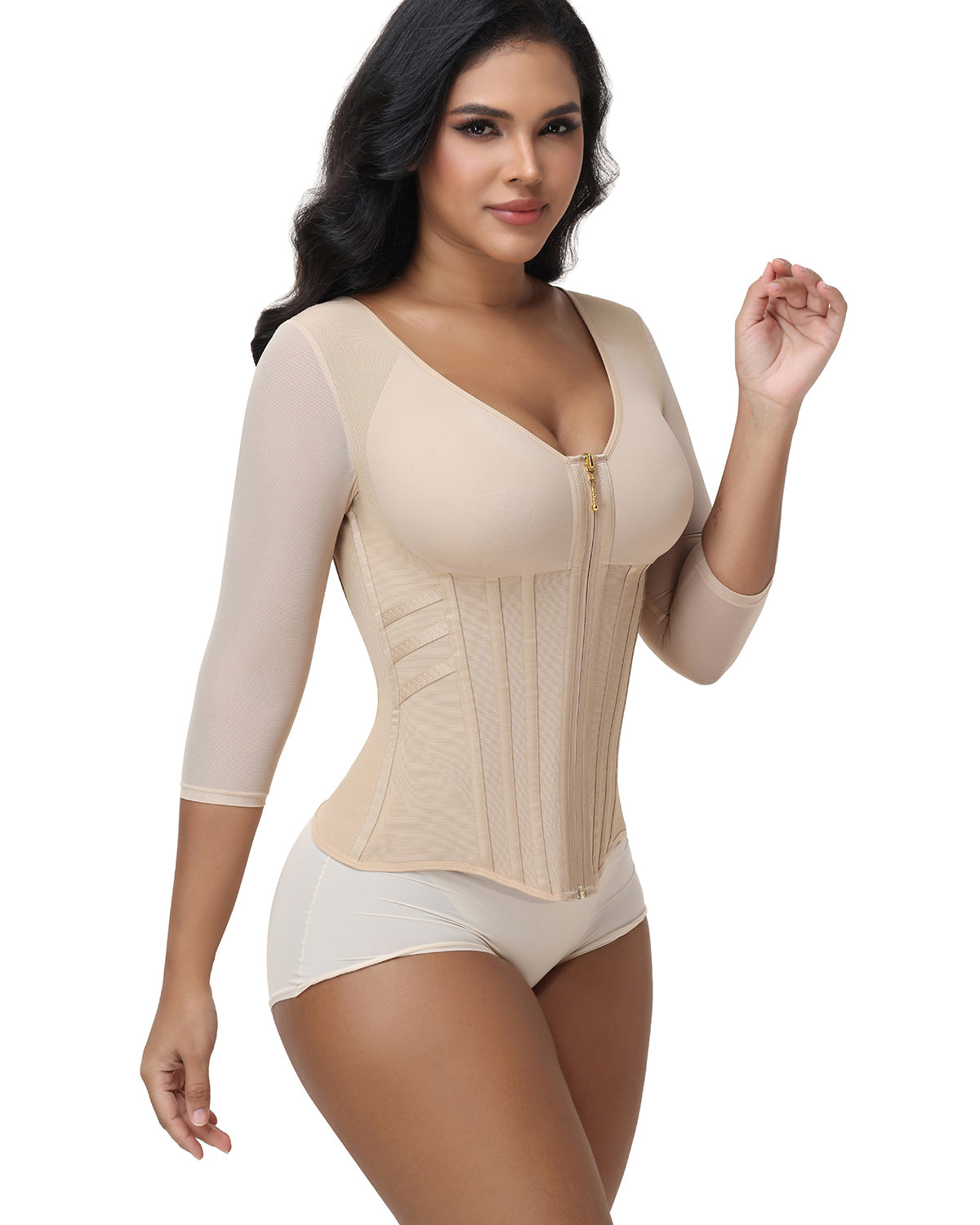 V Neck 3/4 Mesh Sleeve Zipper Waist Trainer High Compression Shaping Top