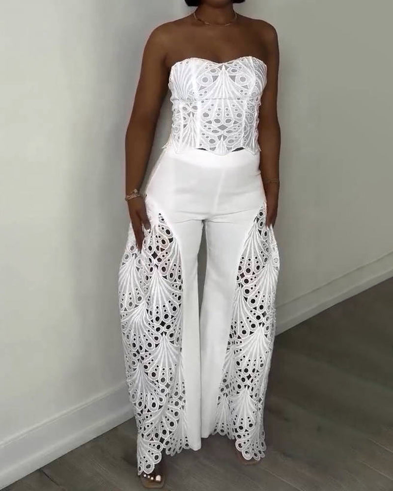 Elegant Strapless Floral Eyelet Cutout Top & Wide Leg Pants Set  - By Qivii