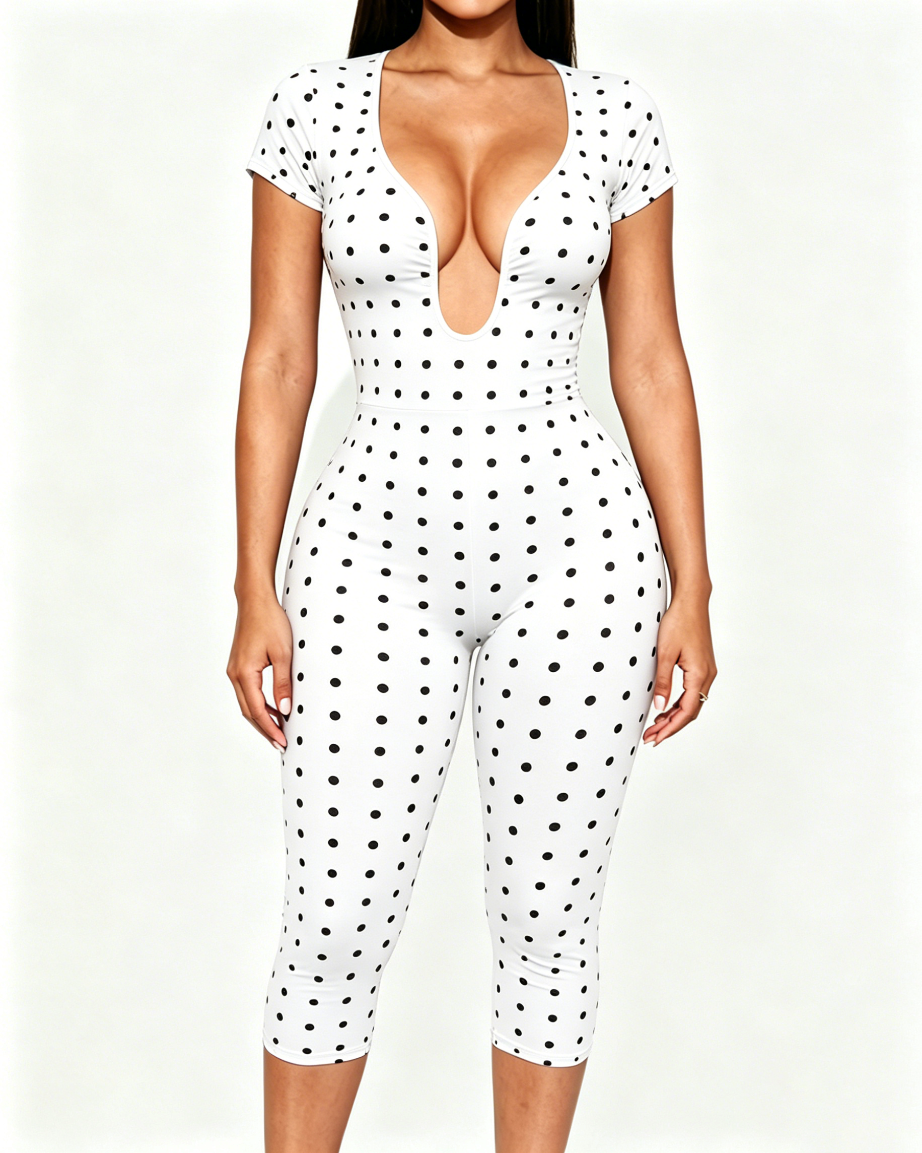 Short Sleeve Plunge Neck Bodycon Capri Jumpsuit with Back Zipper  - By Qivii