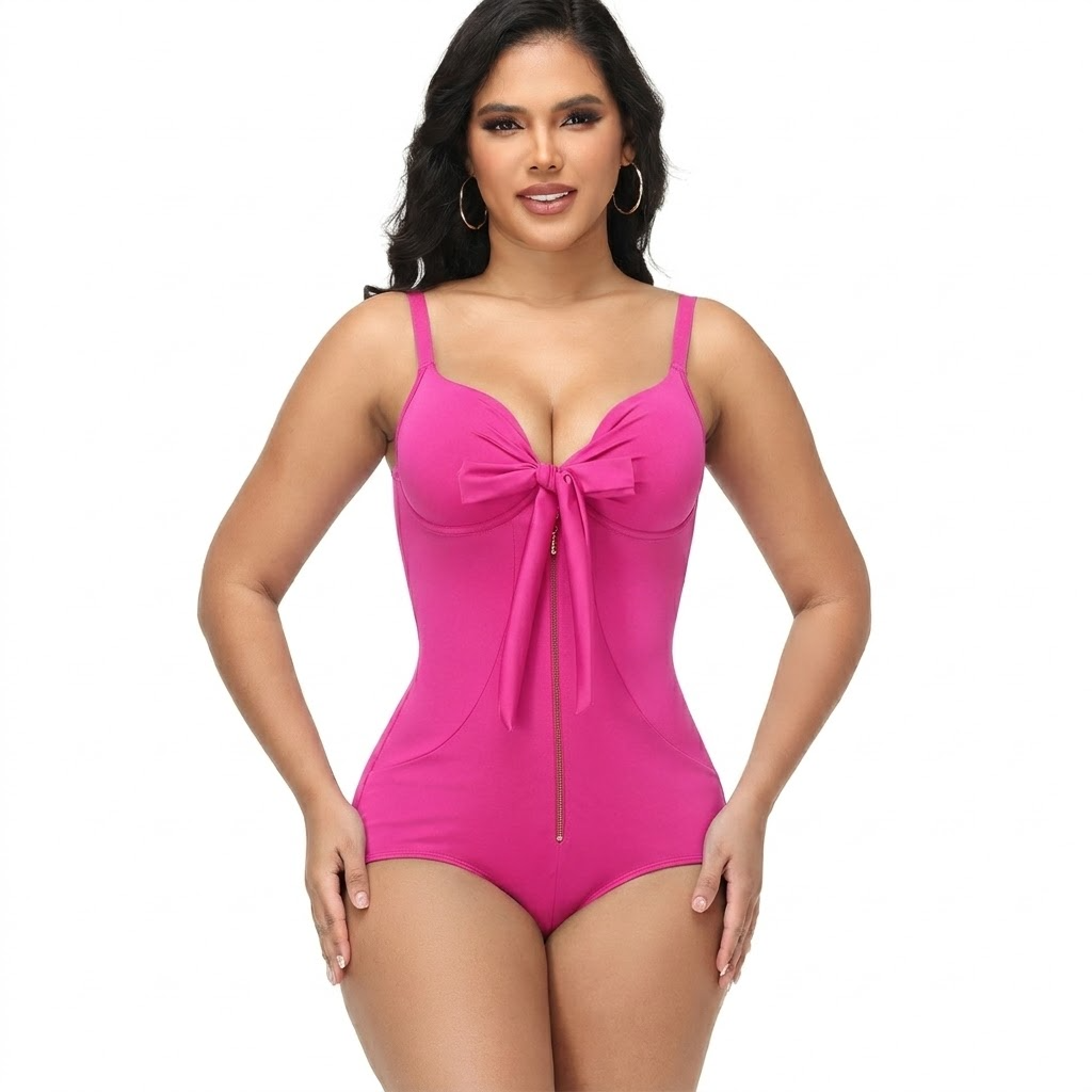 Shapshe® Shaping V Neck Swimsuit with Zipper and Bow  - By Qivii