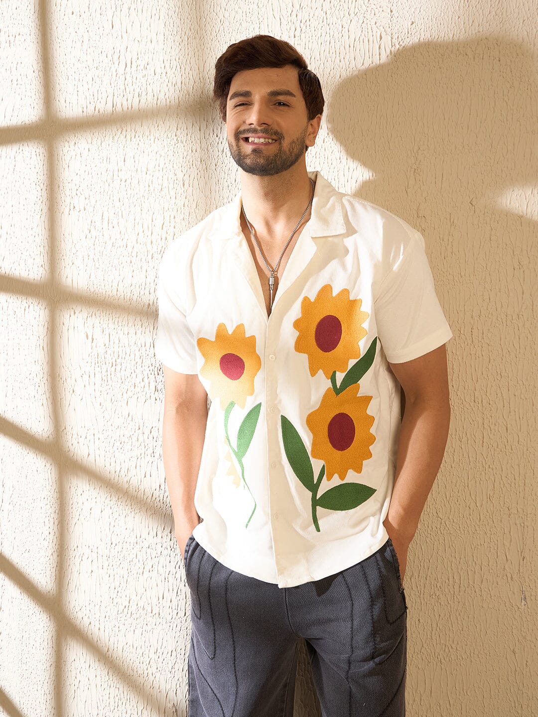 White Corduroy Sunflower Cuban Shirt