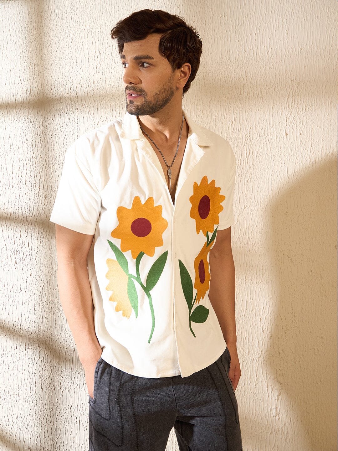 White Corduroy Sunflower Cuban Shirt