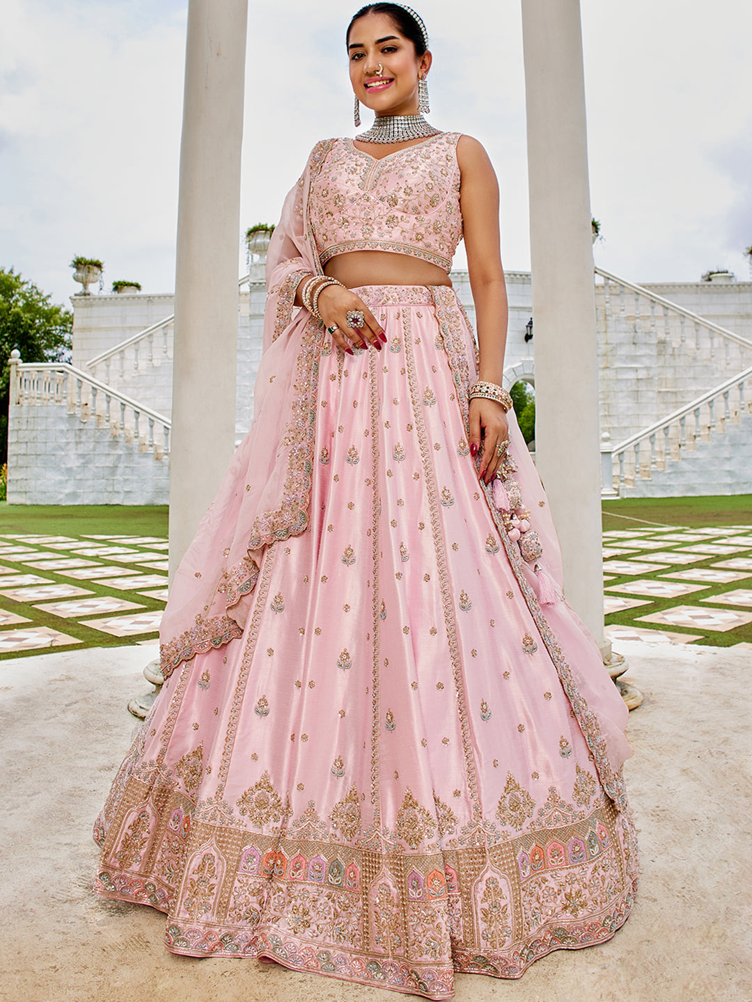 Pink- Silk Fabric Beads & Sequince Embroidered Semi-Stitched Lehenga & Unstitched Blouse With Dupatta - qivii