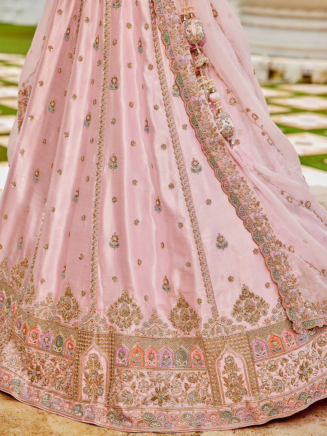 Pink- Silk Fabric Beads & Sequince Embroidered Semi-Stitched Lehenga & Unstitched Blouse With Dupatta - qivii