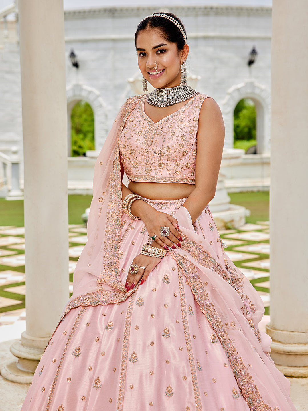 Pink- Silk Fabric Beads & Sequince Embroidered Semi-Stitched Lehenga & Unstitched Blouse With Dupatta - qivii