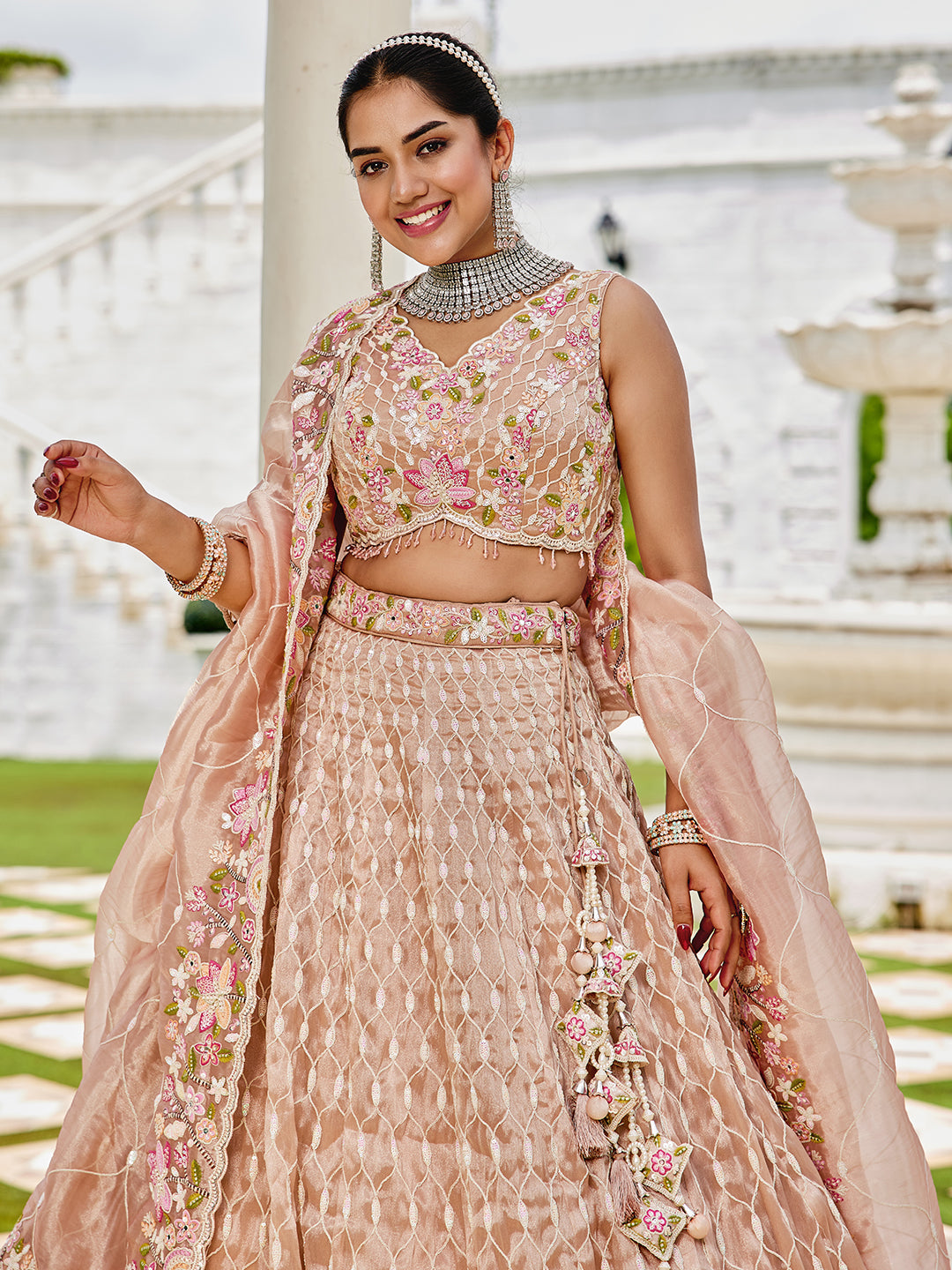 NUDE - Satin Silk Fabric Sequinned Embroidered Ready to Wear Lehenga Choli & Dupatta
