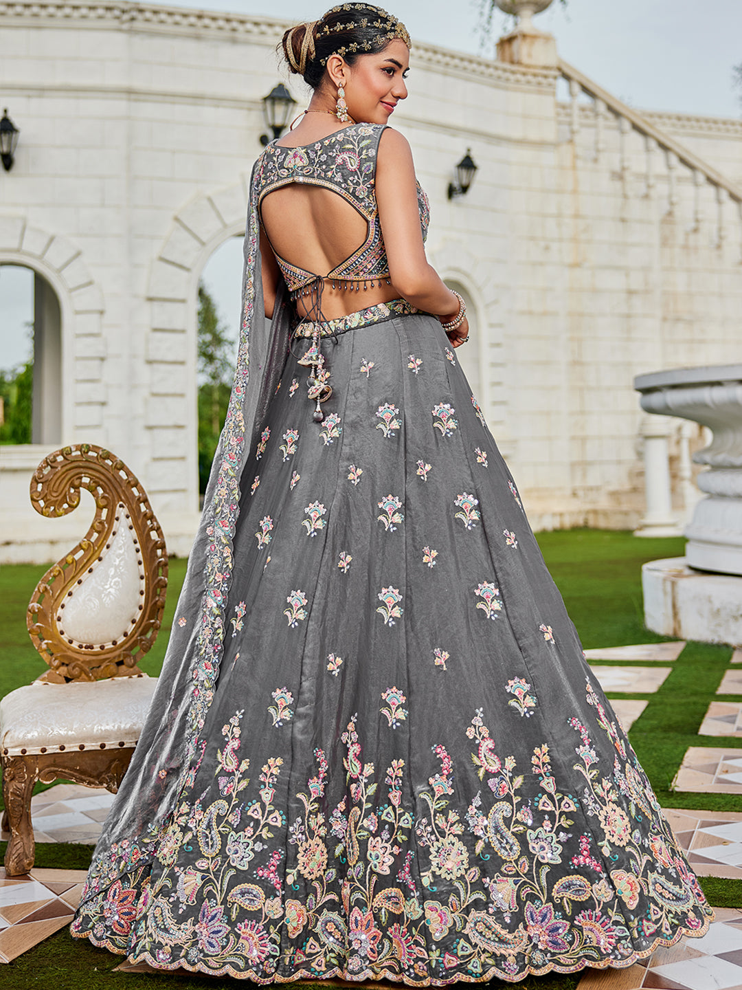 Gray - Tissue Fabric Sequinned Embroidered Ready to Wear Lehenga Choli & Dupatta