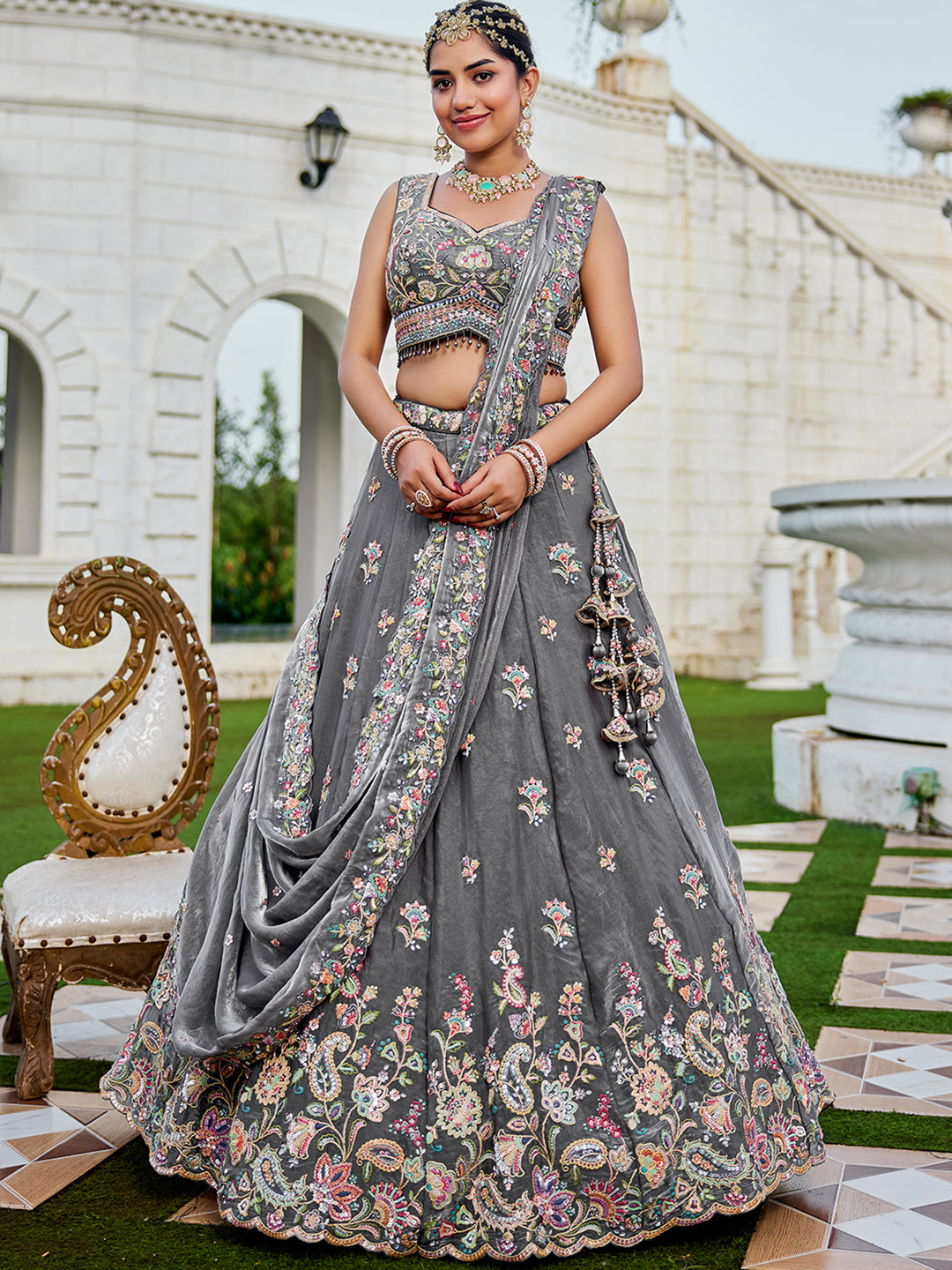 Gray - Tissue Fabric Sequinned Embroidered Ready to Wear Lehenga Choli & Dupatta