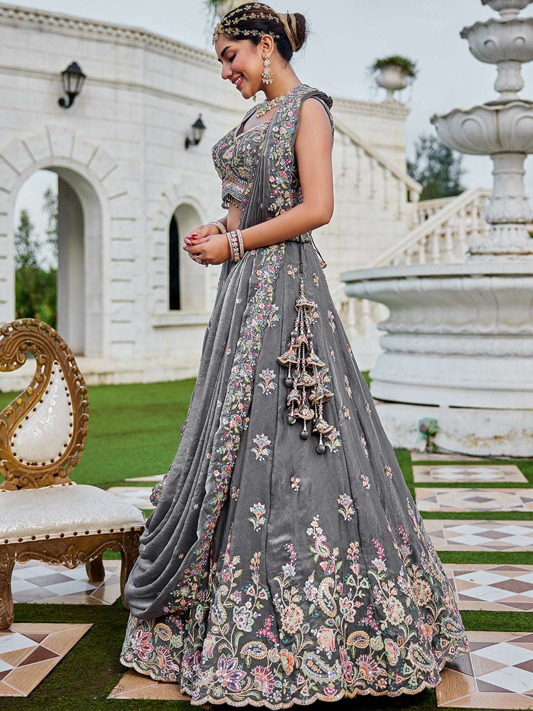 Gray - Tissue Fabric Sequinned Embroidered Ready to Wear Lehenga Choli & Dupatta