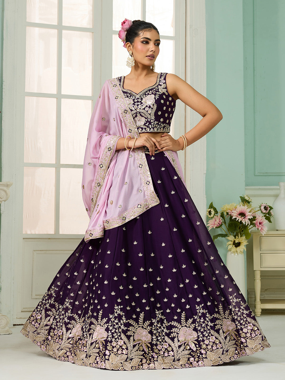 Burgundy- Georgette Fabric Sequins embroidery Semi-Stitched Lehenga & Unstitched Blouse With Dupatta - qivii