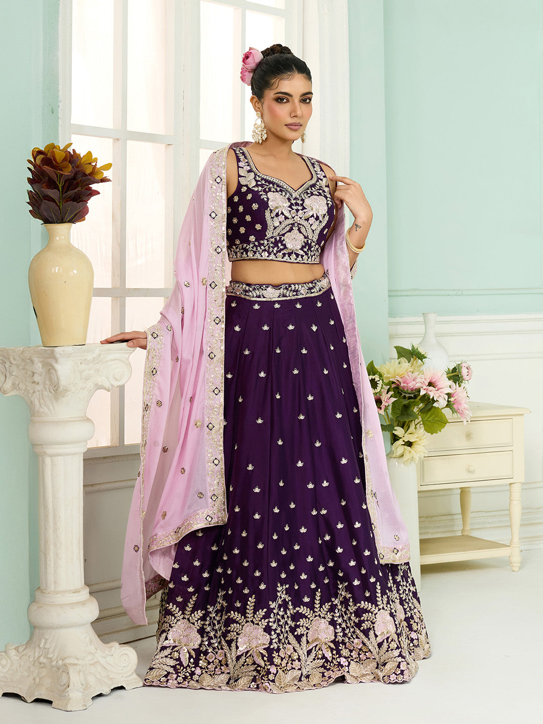 Burgundy- Georgette Fabric Sequins embroidery Semi-Stitched Lehenga & Unstitched Blouse With Dupatta - qivii