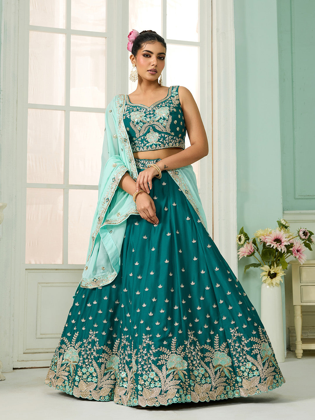 Green- Georgette Fabric Sequins embroidery Semi-Stitched Lehenga & Unstitched Blouse With Dupatta - qivii