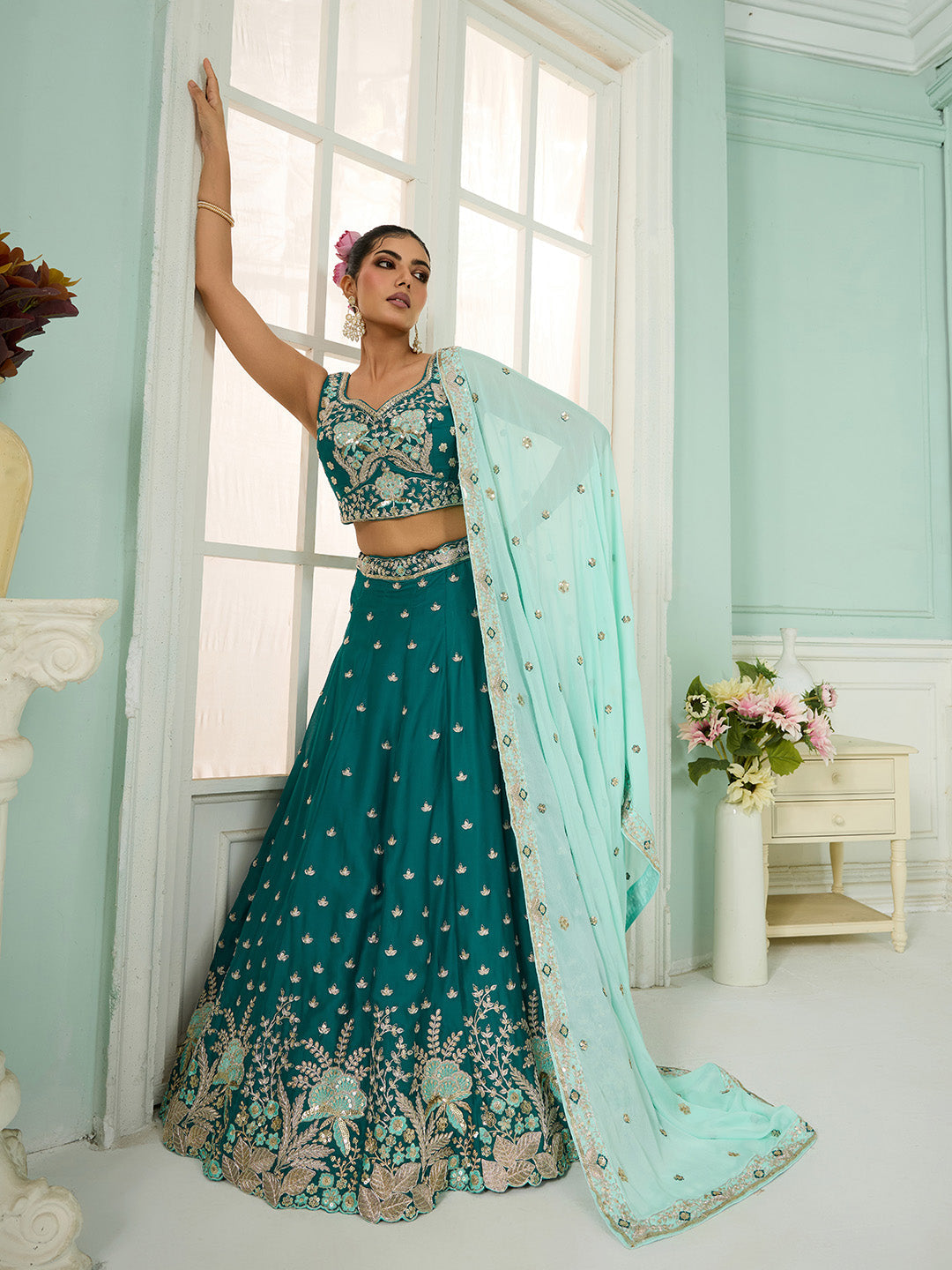 Green- Georgette Fabric Sequins embroidery Semi-Stitched Lehenga & Unstitched Blouse With Dupatta - qivii