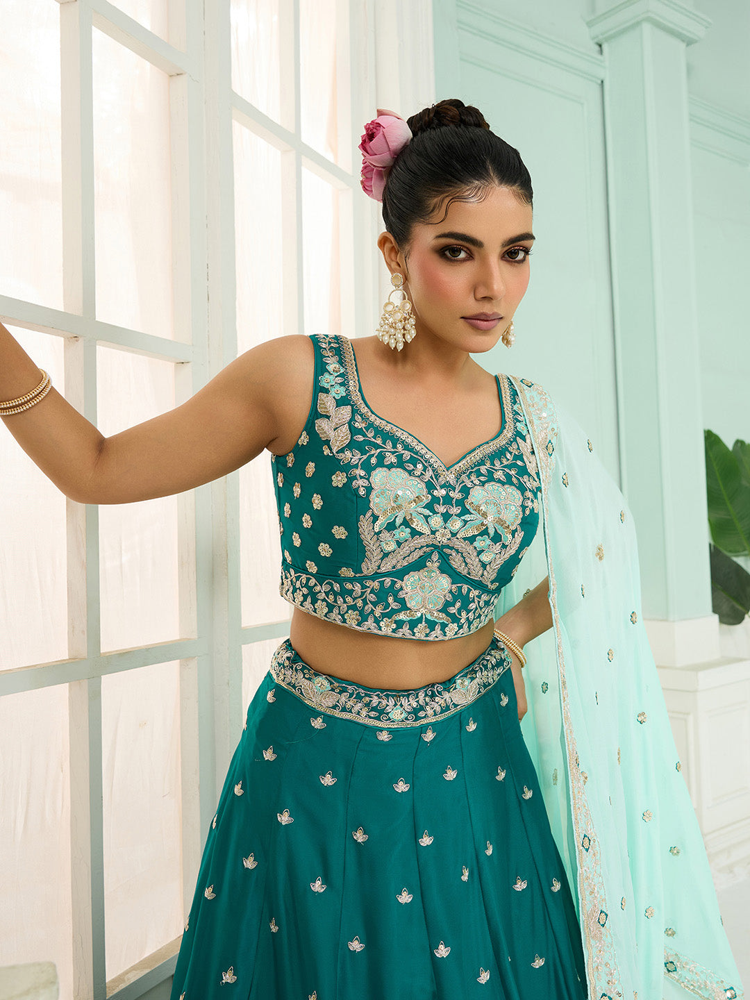 Green- Georgette Fabric Sequins embroidery Semi-Stitched Lehenga & Unstitched Blouse With Dupatta - qivii