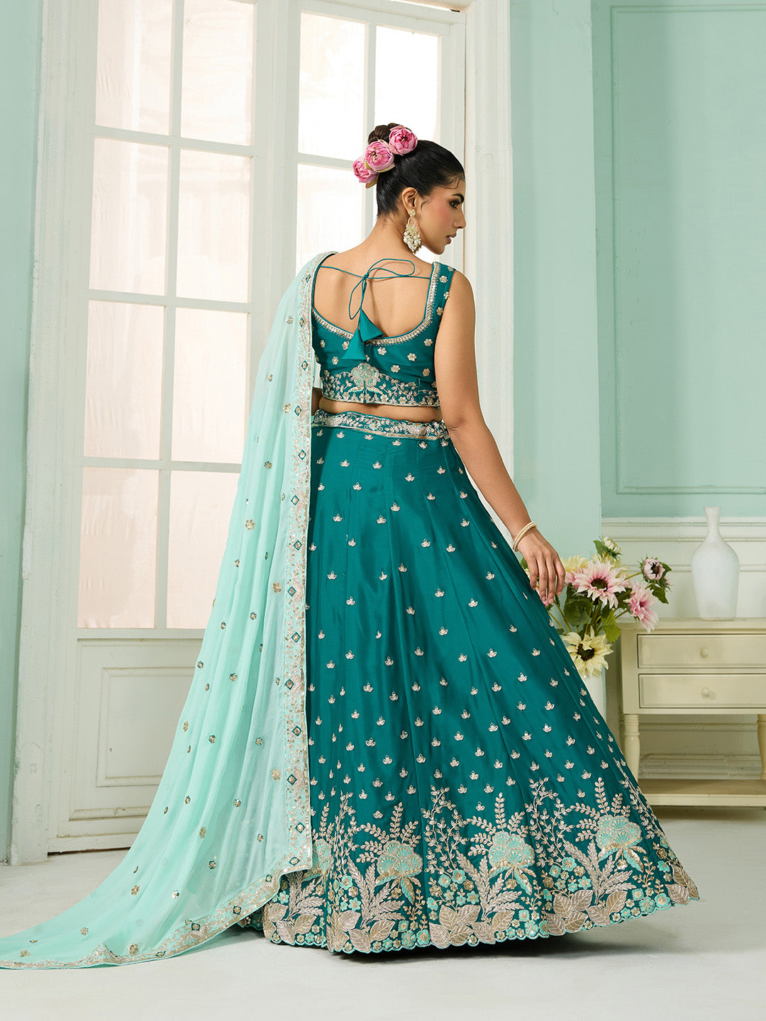 Green- Georgette Fabric Sequins embroidery Semi-Stitched Lehenga & Unstitched Blouse With Dupatta - qivii