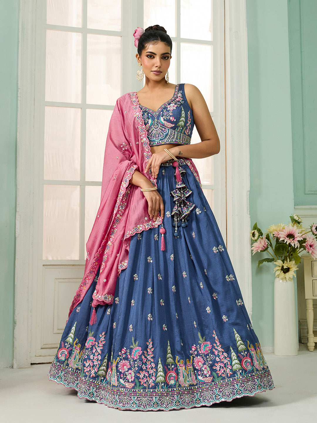 Blue- Silk Fabric Sequins embroidery Semi-Stitched Lehenga & Unstitched Blouse With Dupatta - qivii