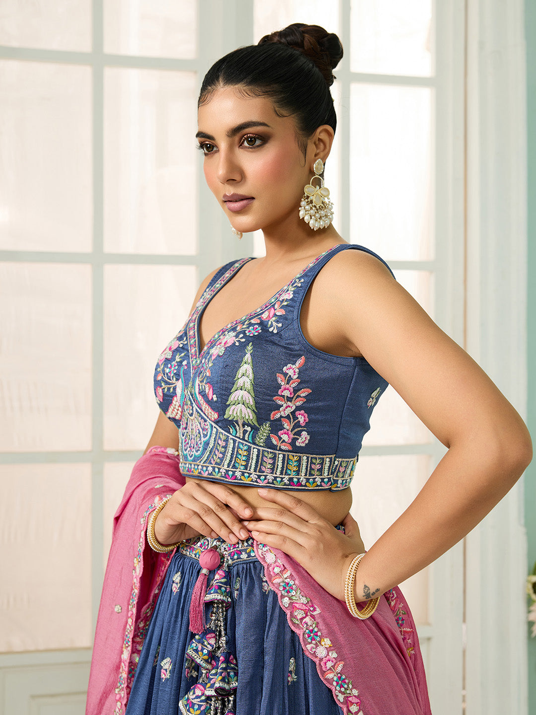 Blue- Silk Fabric Sequins embroidery Semi-Stitched Lehenga & Unstitched Blouse With Dupatta - qivii