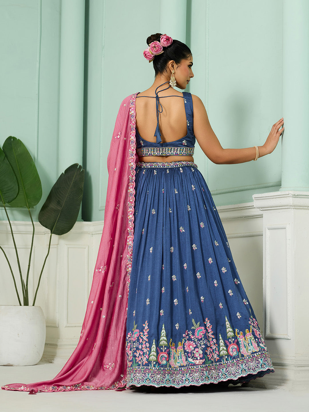 Blue- Silk Fabric Sequins embroidery Semi-Stitched Lehenga & Unstitched Blouse With Dupatta - qivii